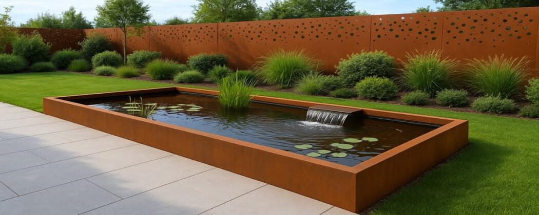 Oczko wodne z wodospadem Corten – nowoczesny design ogrodu